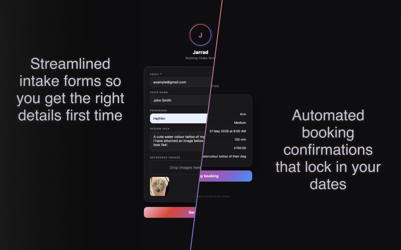 NEXUS tattoo booking intake form: email, name, pronouns, design idea, reference images, body placement, size, date and deposit fields, with a gradient confirm-booking button
