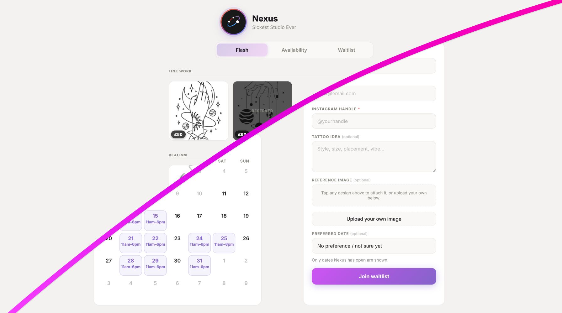 A studio's public Nexus booking page — flash designs by style, an availability calendar, and a waitlist form clients fill in to request a date