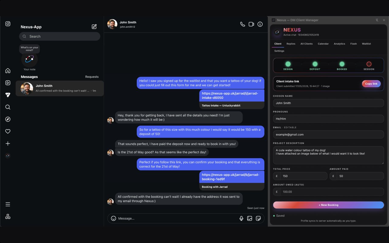 NEXUS DM Client Manager sidepanel open inside Instagram, showing a tattoo client conversation, booking stages and intake form alongside the chat